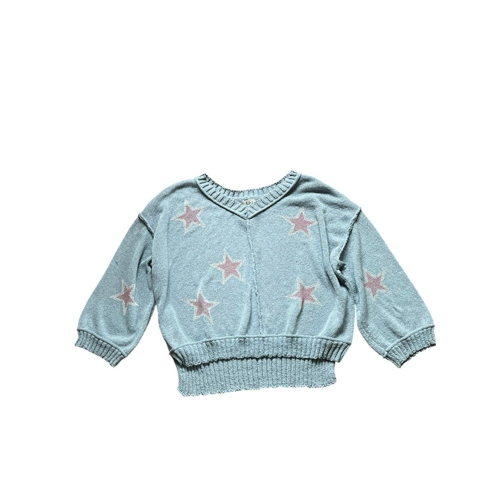 POL Clothing Star Patch Knit V-Neck Sweater Blue Pink Pullover Large